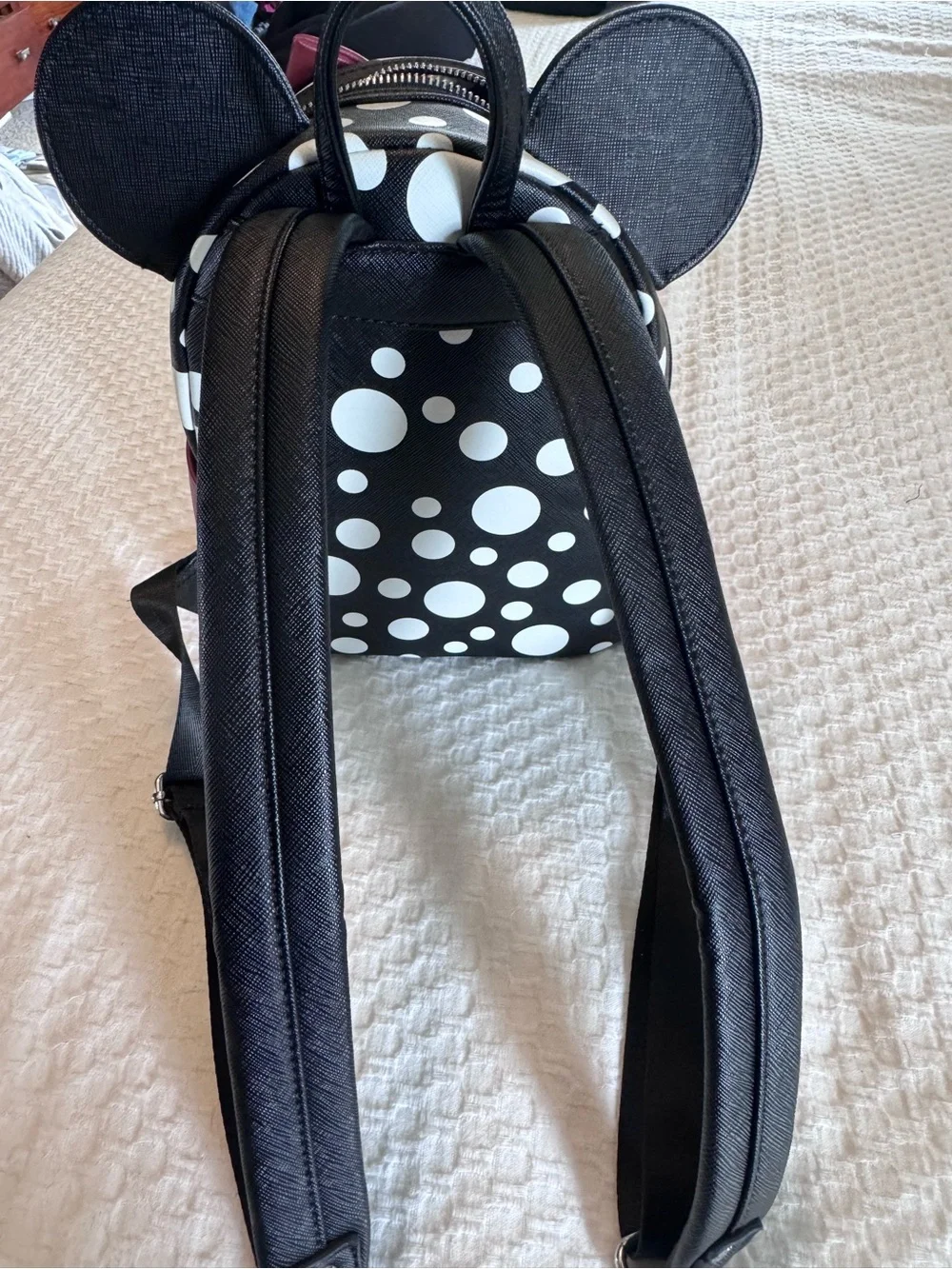Loungefly Disney Black White Polka Dot Mini Backpack with Burgundy Bow
